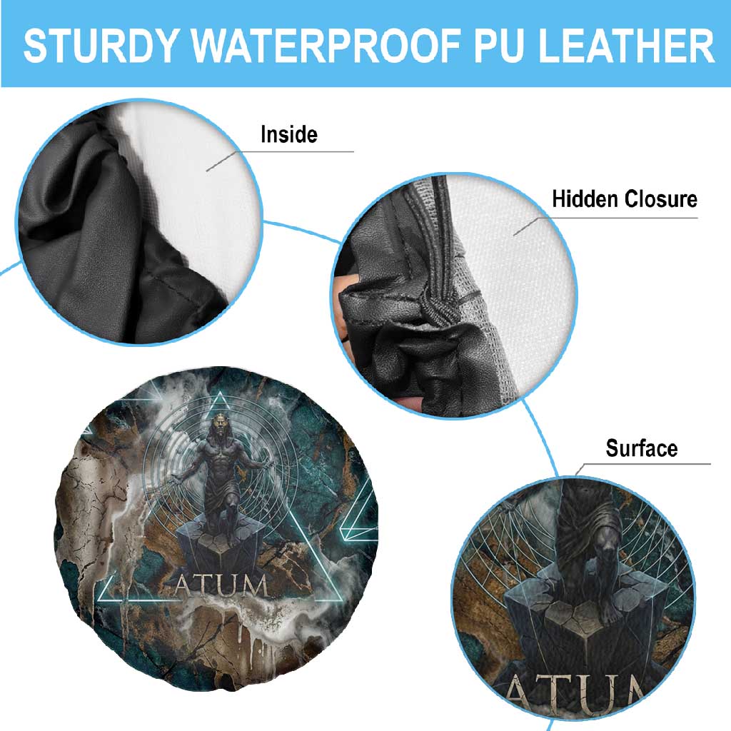 Atum Spare Tire Cover Ancient Egyptian Teal Marble Smoke, Solar Barque Crown, Creator Deity Statue - Wonder Print Shop