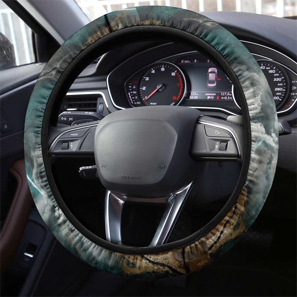 Atum Steering Wheel Cover Ancient Egyptian Teal Marble Smoke, Solar Barque Crown, Creator Deity Statue - Wonder Print Shop