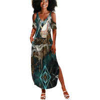 Atum Summer Maxi Dress Ancient Egyptian Teal Marble Smoke, Solar Barque Crown, Creator Deity Statue - Wonder Print Shop