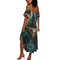 Atum Summer Maxi Dress Ancient Egyptian Teal Marble Smoke, Solar Barque Crown, Creator Deity Statue - Wonder Print Shop