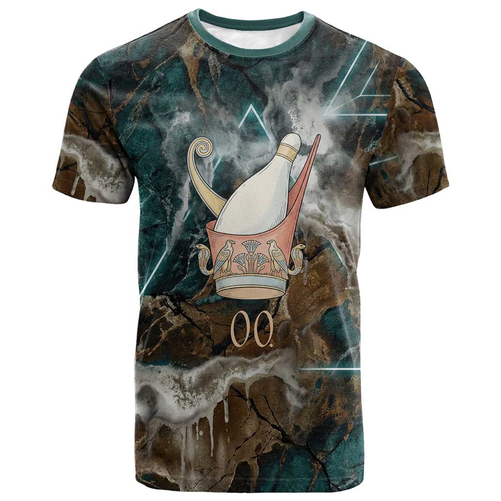 Atum T shirt Ancient Egyptian Teal Marble Smoke, Solar Barque Crown, Creator Deity Statue - Wonder Print Shop