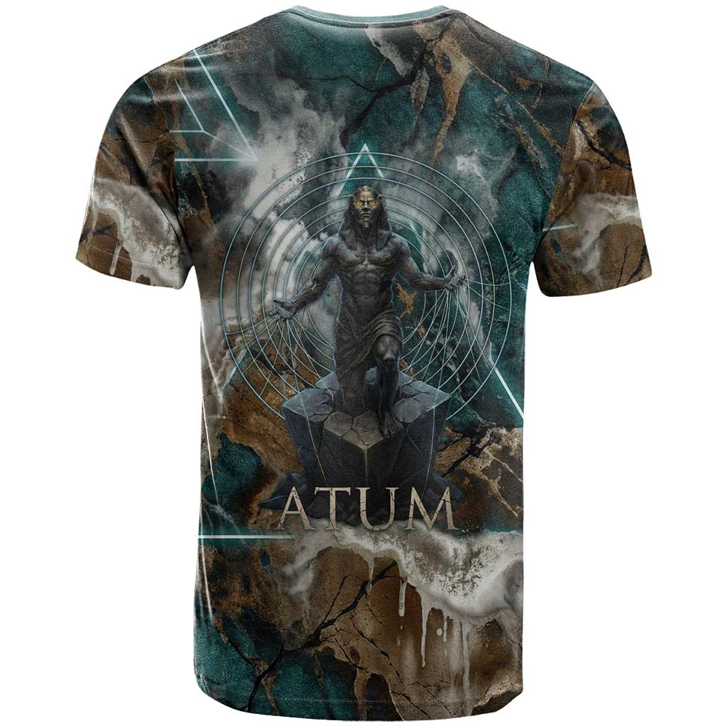 Atum T shirt Ancient Egyptian Teal Marble Smoke, Solar Barque Crown, Creator Deity Statue - Wonder Print Shop