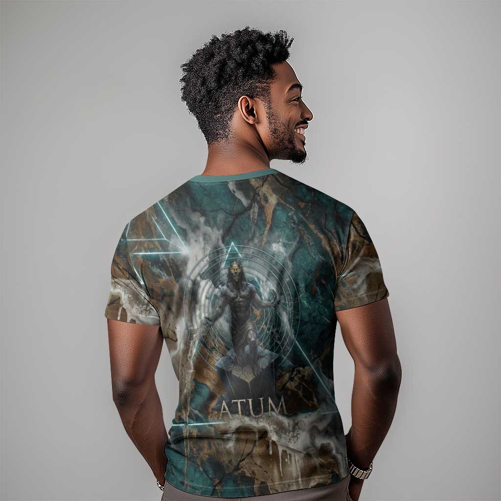 Atum T shirt Ancient Egyptian Teal Marble Smoke, Solar Barque Crown, Creator Deity Statue - Wonder Print Shop