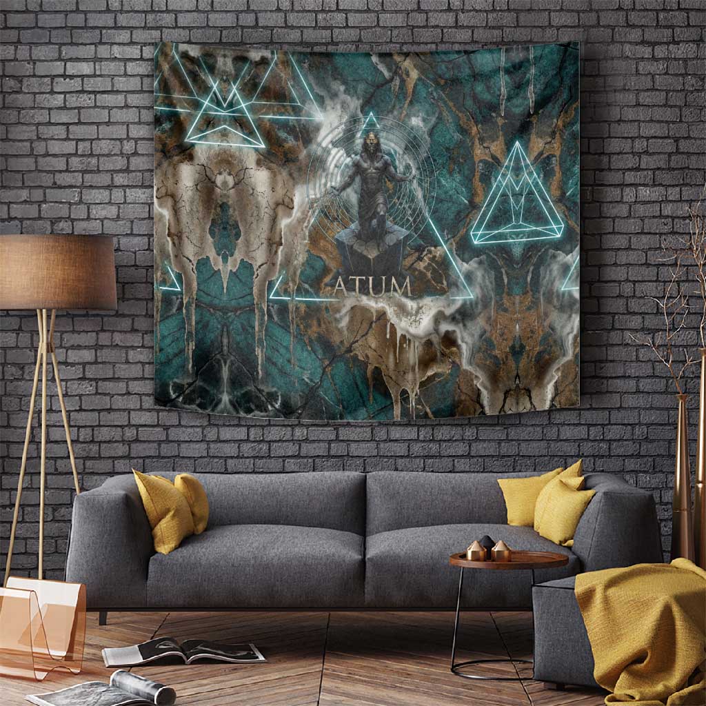 Atum Tapestry Ancient Egyptian Teal Marble Smoke, Solar Barque Crown, Creator Deity Statue - Wonder Print Shop