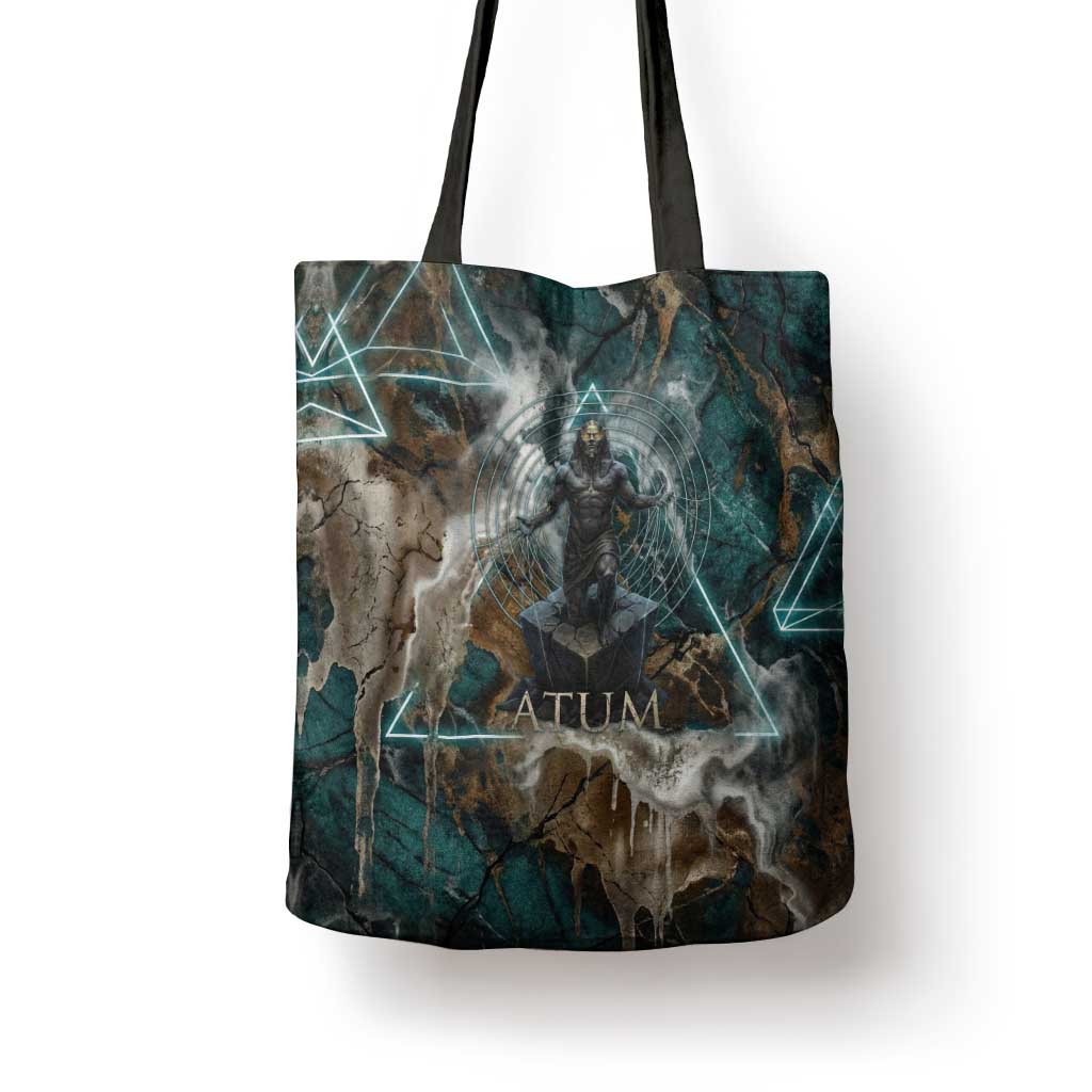Atum Tote Bag Ancient Egyptian Teal Marble Smoke, Solar Barque Crown, Creator Deity Statue - Wonder Print Shop