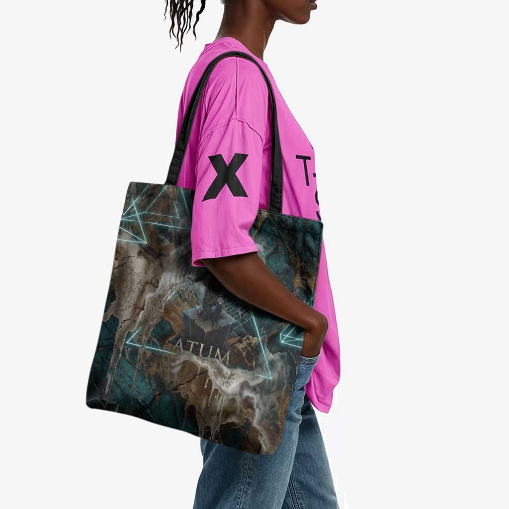 Atum Tote Bag Ancient Egyptian Teal Marble Smoke, Solar Barque Crown, Creator Deity Statue - Wonder Print Shop