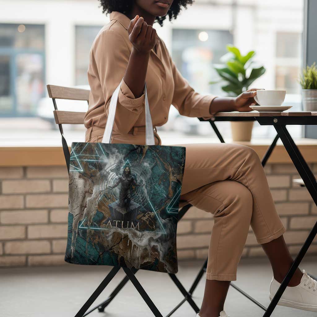 Atum Tote Bag Ancient Egyptian Teal Marble Smoke, Solar Barque Crown, Creator Deity Statue - Wonder Print Shop