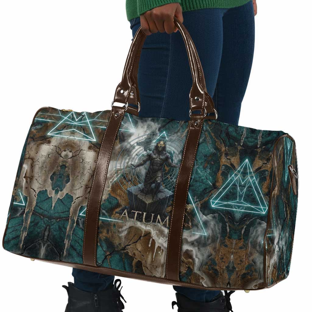 Atum Travel Bag Ancient Egyptian Teal Marble Smoke, Solar Barque Crown, Creator Deity Statue - Wonder Print Shop