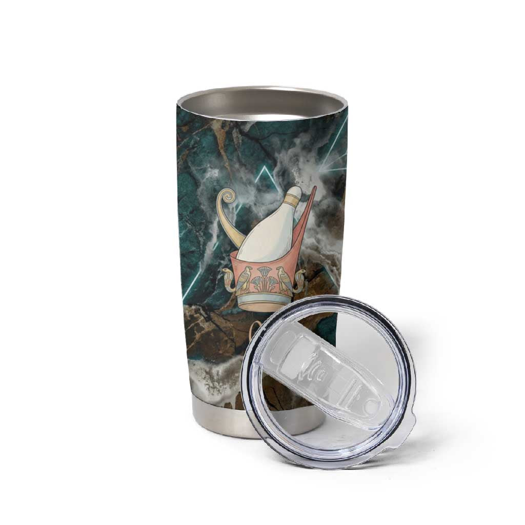 Atum Tumbler Cup Ancient Egyptian Teal Marble Smoke, Solar Barque Crown, Creator Deity Statue - Wonder Print Shop