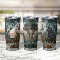 Atum Tumbler Cup Ancient Egyptian Teal Marble Smoke, Solar Barque Crown, Creator Deity Statue - Wonder Print Shop