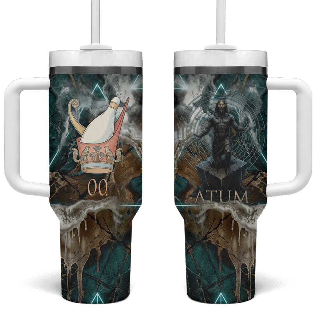 Atum Tumbler With Handle Ancient Egyptian Teal Marble Smoke, Solar Barque Crown, Creator Deity Statue - Wonder Print Shop