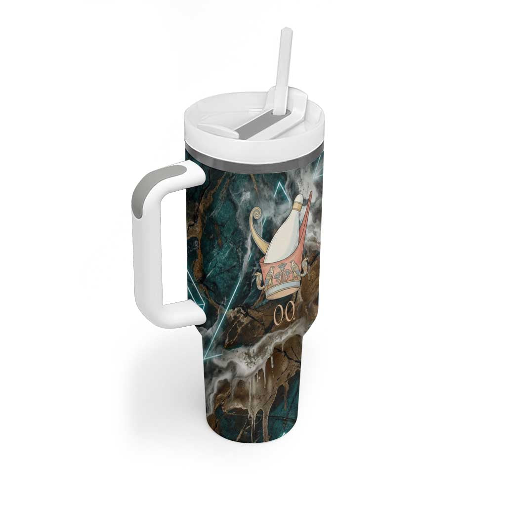 Atum Tumbler With Handle Ancient Egyptian Teal Marble Smoke, Solar Barque Crown, Creator Deity Statue - Wonder Print Shop