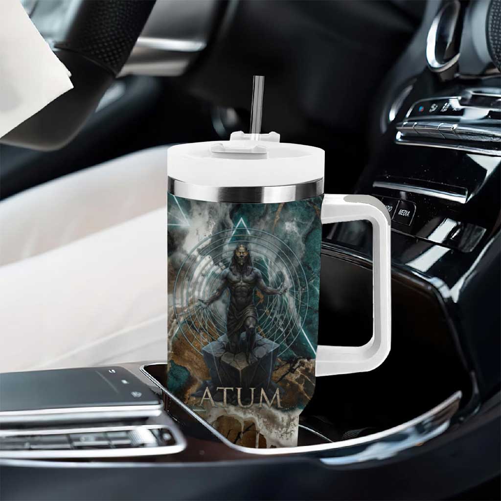 Atum Tumbler With Handle Ancient Egyptian Teal Marble Smoke, Solar Barque Crown, Creator Deity Statue - Wonder Print Shop