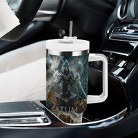 Atum Tumbler With Handle Ancient Egyptian Teal Marble Smoke, Solar Barque Crown, Creator Deity Statue - Wonder Print Shop