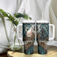 Atum Tumbler With Handle Ancient Egyptian Teal Marble Smoke, Solar Barque Crown, Creator Deity Statue - Wonder Print Shop