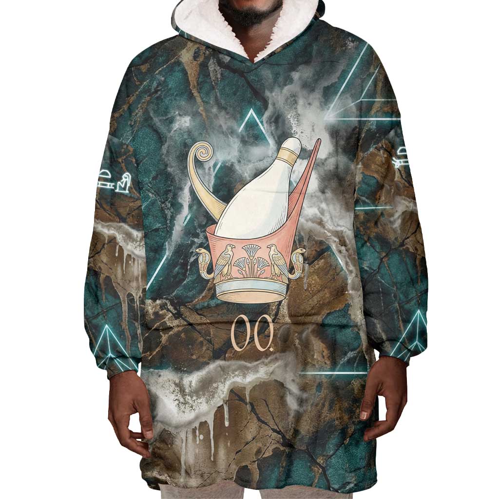 Atum Wearable Blanket Hoodie Ancient Egyptian Teal Marble Smoke, Solar Barque Crown, Creator Deity Statue - Wonder Print Shop