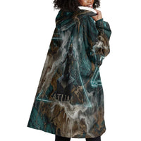 Atum Wearable Blanket Hoodie Ancient Egyptian Teal Marble Smoke, Solar Barque Crown, Creator Deity Statue - Wonder Print Shop