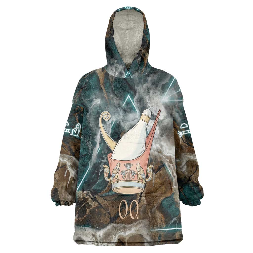 Atum Wearable Blanket Hoodie Ancient Egyptian Teal Marble Smoke, Solar Barque Crown, Creator Deity Statue - Wonder Print Shop