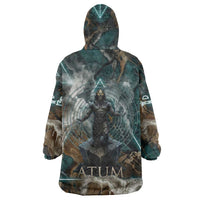 Atum Wearable Blanket Hoodie Ancient Egyptian Teal Marble Smoke, Solar Barque Crown, Creator Deity Statue - Wonder Print Shop