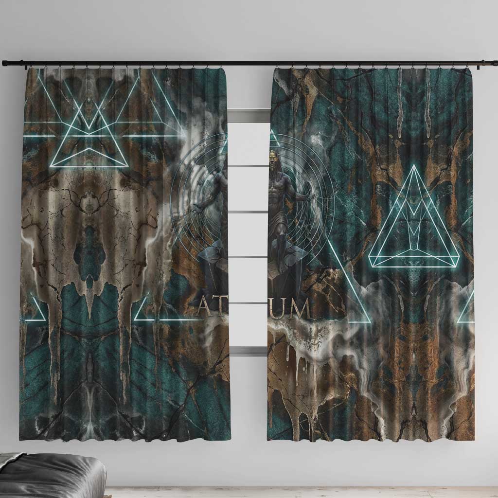 Atum Window Curtain Ancient Egyptian Teal Marble Smoke, Solar Barque Crown, Creator Deity Statue - Wonder Print Shop