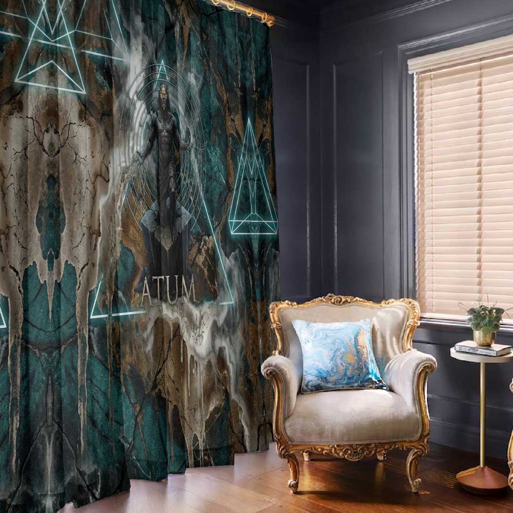 Atum Window Curtain Ancient Egyptian Teal Marble Smoke, Solar Barque Crown, Creator Deity Statue - Wonder Print Shop