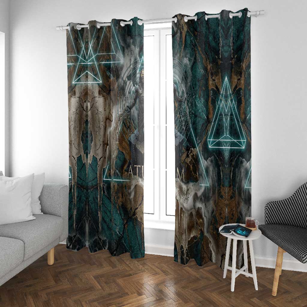 Atum Window Curtain Ancient Egyptian Teal Marble Smoke, Solar Barque Crown, Creator Deity Statue - Wonder Print Shop