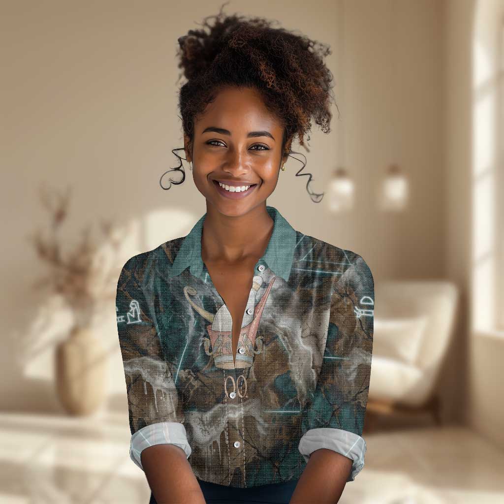Atum Women Casual Shirt Ancient Egyptian Teal Marble Smoke, Solar Barque Crown, Creator Deity Statue - Wonder Print Shop