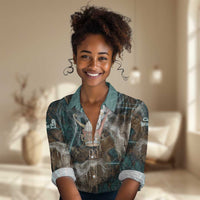 Atum Women Casual Shirt Ancient Egyptian Teal Marble Smoke, Solar Barque Crown, Creator Deity Statue - Wonder Print Shop