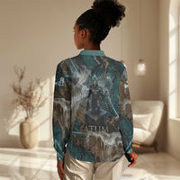 Atum Women Casual Shirt Ancient Egyptian Teal Marble Smoke, Solar Barque Crown, Creator Deity Statue - Wonder Print Shop