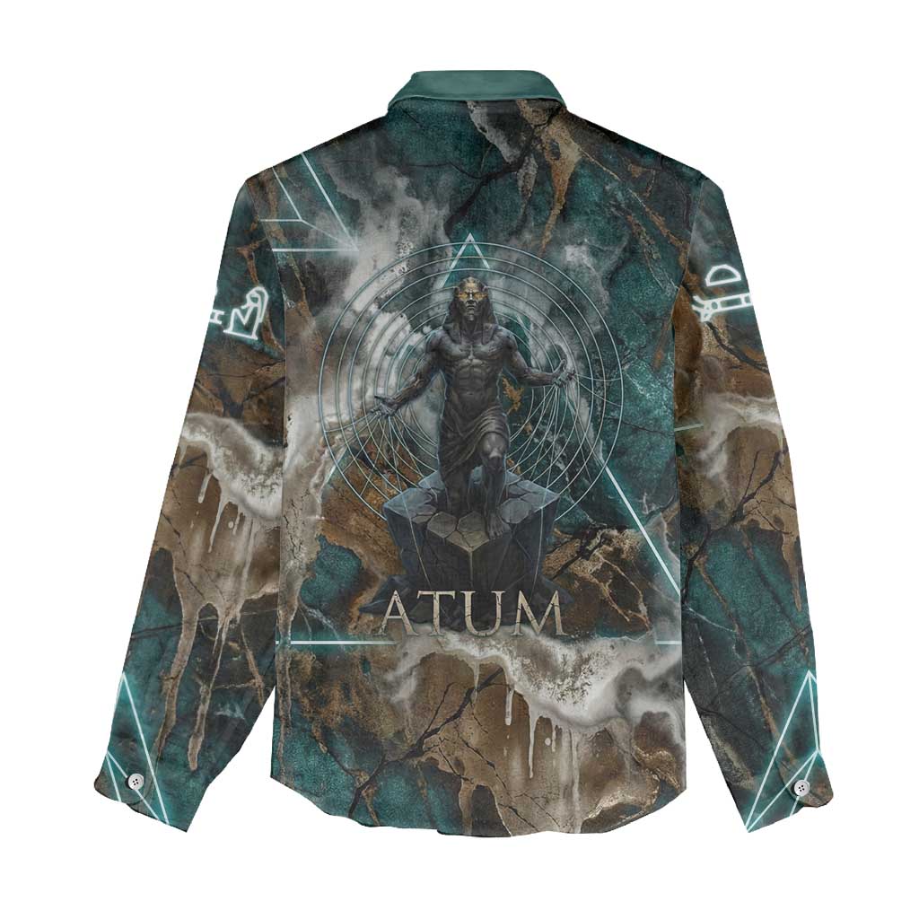 Atum Women Casual Shirt Ancient Egyptian Teal Marble Smoke, Solar Barque Crown, Creator Deity Statue - Wonder Print Shop