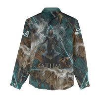 Atum Women Casual Shirt Ancient Egyptian Teal Marble Smoke, Solar Barque Crown, Creator Deity Statue - Wonder Print Shop
