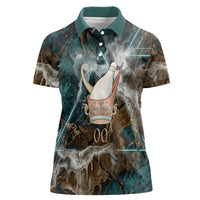 Atum Women Polo Shirt Ancient Egyptian Teal Marble Smoke, Solar Barque Crown, Creator Deity Statue - Wonder Print Shop