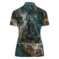 Atum Women Polo Shirt Ancient Egyptian Teal Marble Smoke, Solar Barque Crown, Creator Deity Statue - Wonder Print Shop