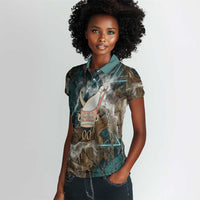 Atum Women Polo Shirt Ancient Egyptian Teal Marble Smoke, Solar Barque Crown, Creator Deity Statue - Wonder Print Shop