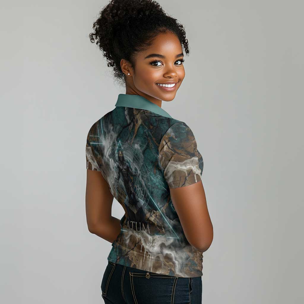 Atum Women Polo Shirt Ancient Egyptian Teal Marble Smoke, Solar Barque Crown, Creator Deity Statue - Wonder Print Shop