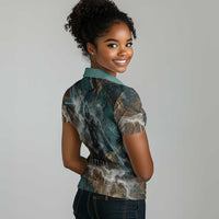 Atum Women Polo Shirt Ancient Egyptian Teal Marble Smoke, Solar Barque Crown, Creator Deity Statue - Wonder Print Shop