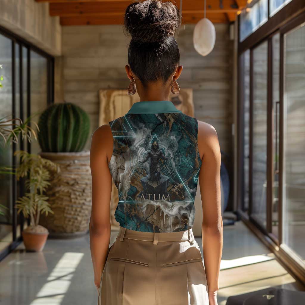 Atum Women Sleeveless Polo Shirt Ancient Egyptian Teal Marble Smoke, Solar Barque Crown, Creator Deity Statue - Wonder Print Shop