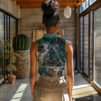Atum Women Sleeveless Polo Shirt Ancient Egyptian Teal Marble Smoke, Solar Barque Crown, Creator Deity Statue - Wonder Print Shop