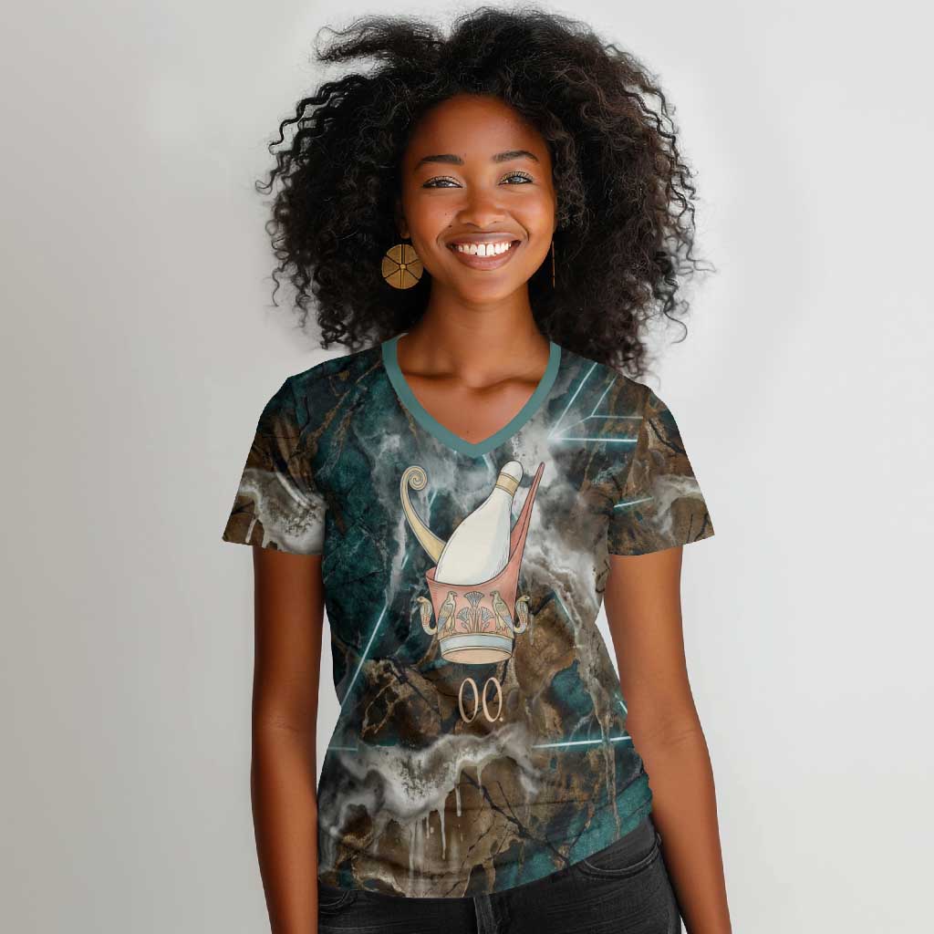 Atum Women V-Neck T-Shirt Ancient Egyptian Teal Marble Smoke, Solar Barque Crown, Creator Deity Statue - Wonder Print Shop