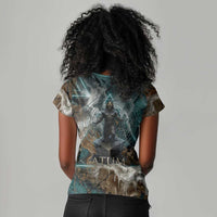 Atum Women V-Neck T-Shirt Ancient Egyptian Teal Marble Smoke, Solar Barque Crown, Creator Deity Statue - Wonder Print Shop