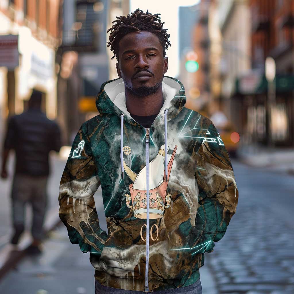 Atum Zip Hoodie Ancient Egyptian Teal Marble Smoke, Solar Barque Crown, Creator Deity Statue - Wonder Print Shop