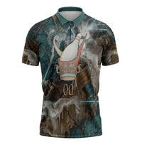 Atum Zipper Polo Shirt Ancient Egyptian Teal Marble Smoke, Solar Barque Crown, Creator Deity Statue - Wonder Print Shop