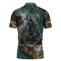 Atum Zipper Polo Shirt Ancient Egyptian Teal Marble Smoke, Solar Barque Crown, Creator Deity Statue - Wonder Print Shop