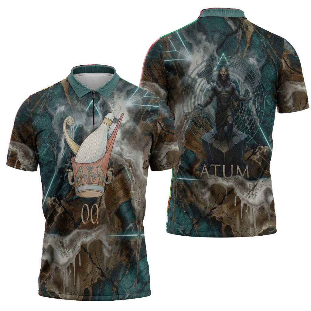 Atum Zipper Polo Shirt Ancient Egyptian Teal Marble Smoke, Solar Barque Crown, Creator Deity Statue - Wonder Print Shop