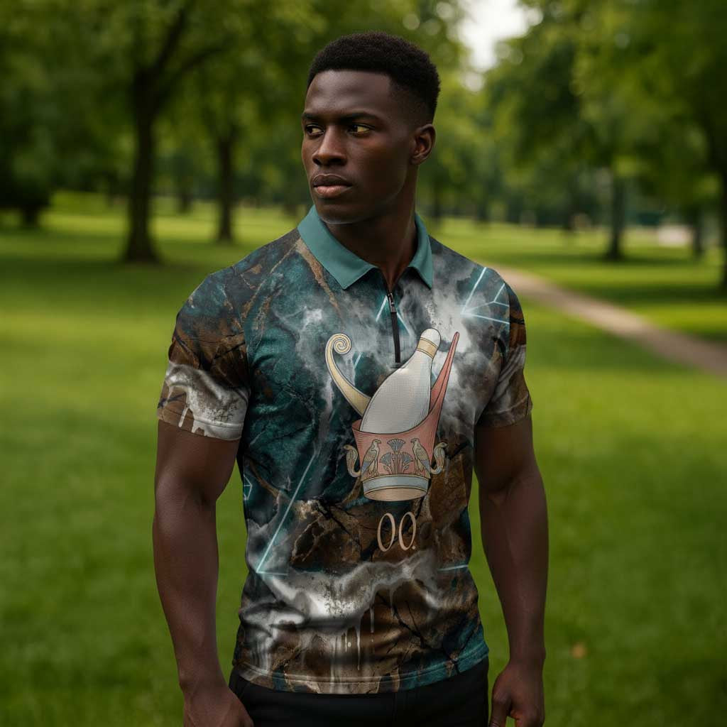 Atum Zipper Polo Shirt Ancient Egyptian Teal Marble Smoke, Solar Barque Crown, Creator Deity Statue - Wonder Print Shop