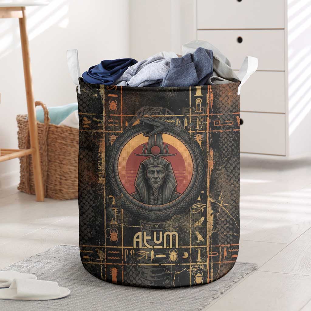 Atum Ancient Egyptian Laundry Basket with Dark Hieroglyph Grid, Ouroboros Serpent Ring and The Final Serpent - Wonder Print Shop