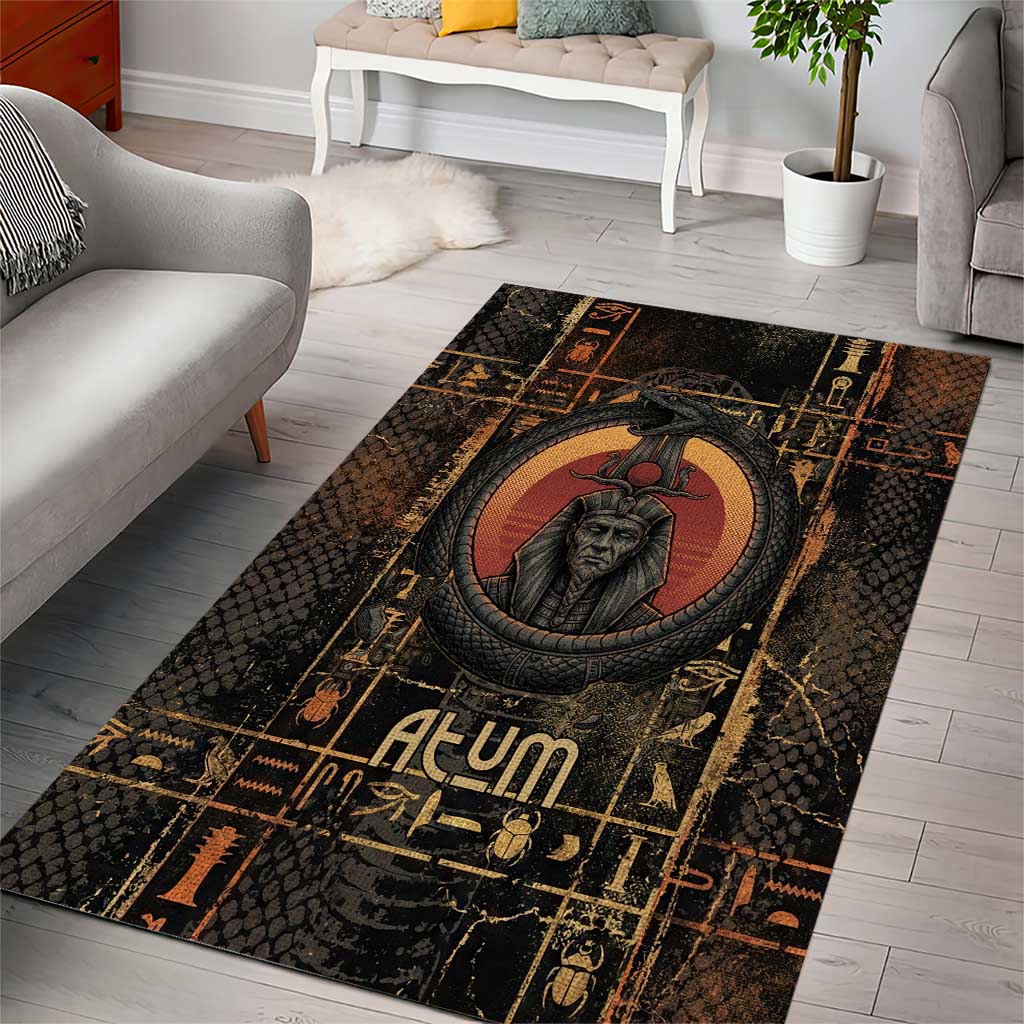 Atum Ancient Egyptian Area Rug with Dark Hieroglyph Grid, Ouroboros Serpent Ring and The Final Serpent - Wonder Print Shop