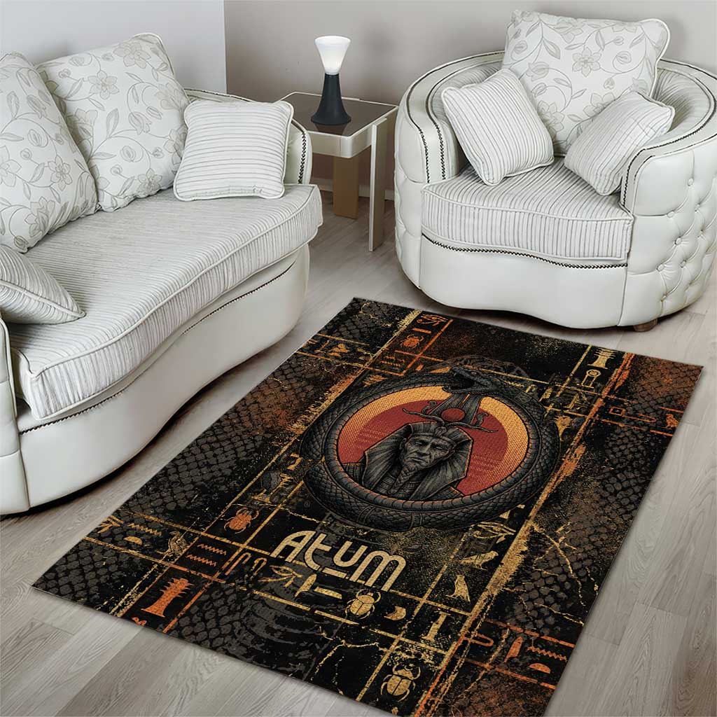 Atum Ancient Egyptian Area Rug with Dark Hieroglyph Grid, Ouroboros Serpent Ring and The Final Serpent - Wonder Print Shop