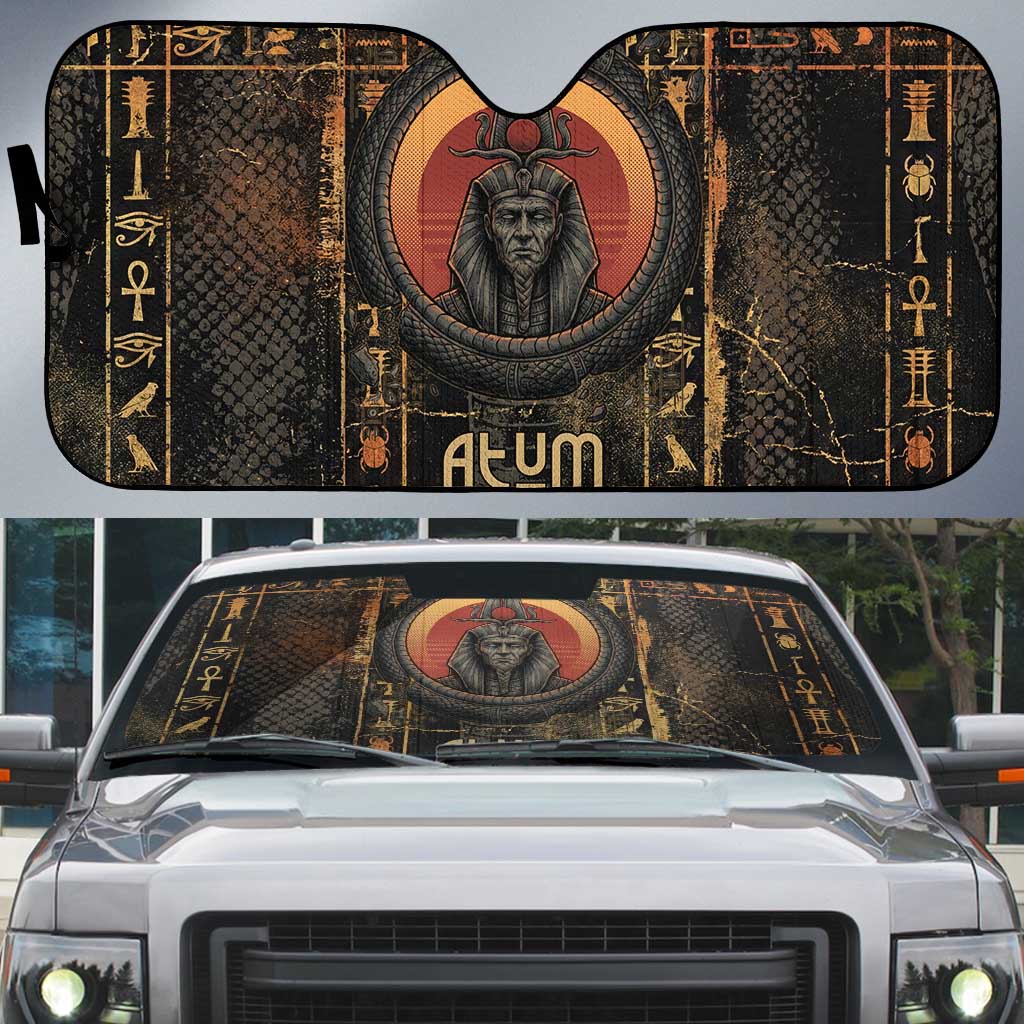 Atum Ancient Egyptian Auto Sun Shade with Dark Hieroglyph Grid, Ouroboros Serpent Ring and The Final Serpent - Wonder Print Shop