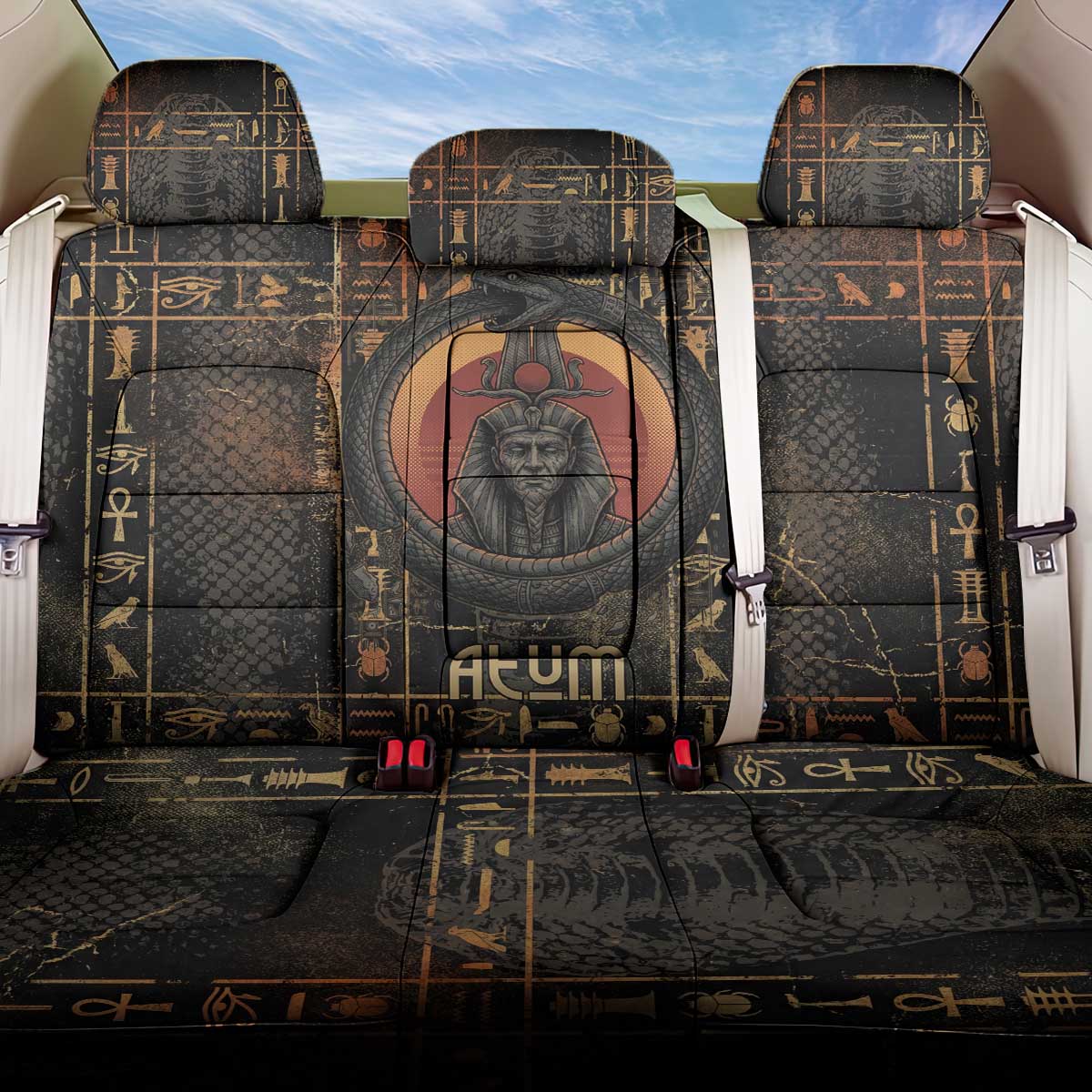 Atum Ancient Egyptian Back Car Seat Cover with Dark Hieroglyph Grid, Ouroboros Serpent Ring and The Final Serpent - Wonder Print Shop